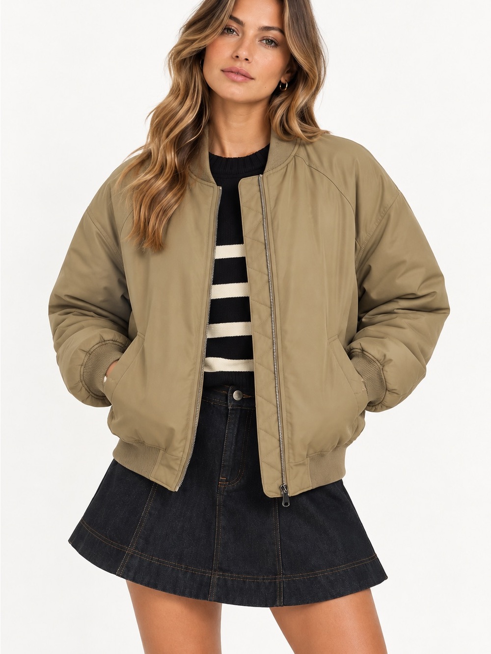 GREY LAB Beige/Tan Ruched Bomber Jacket